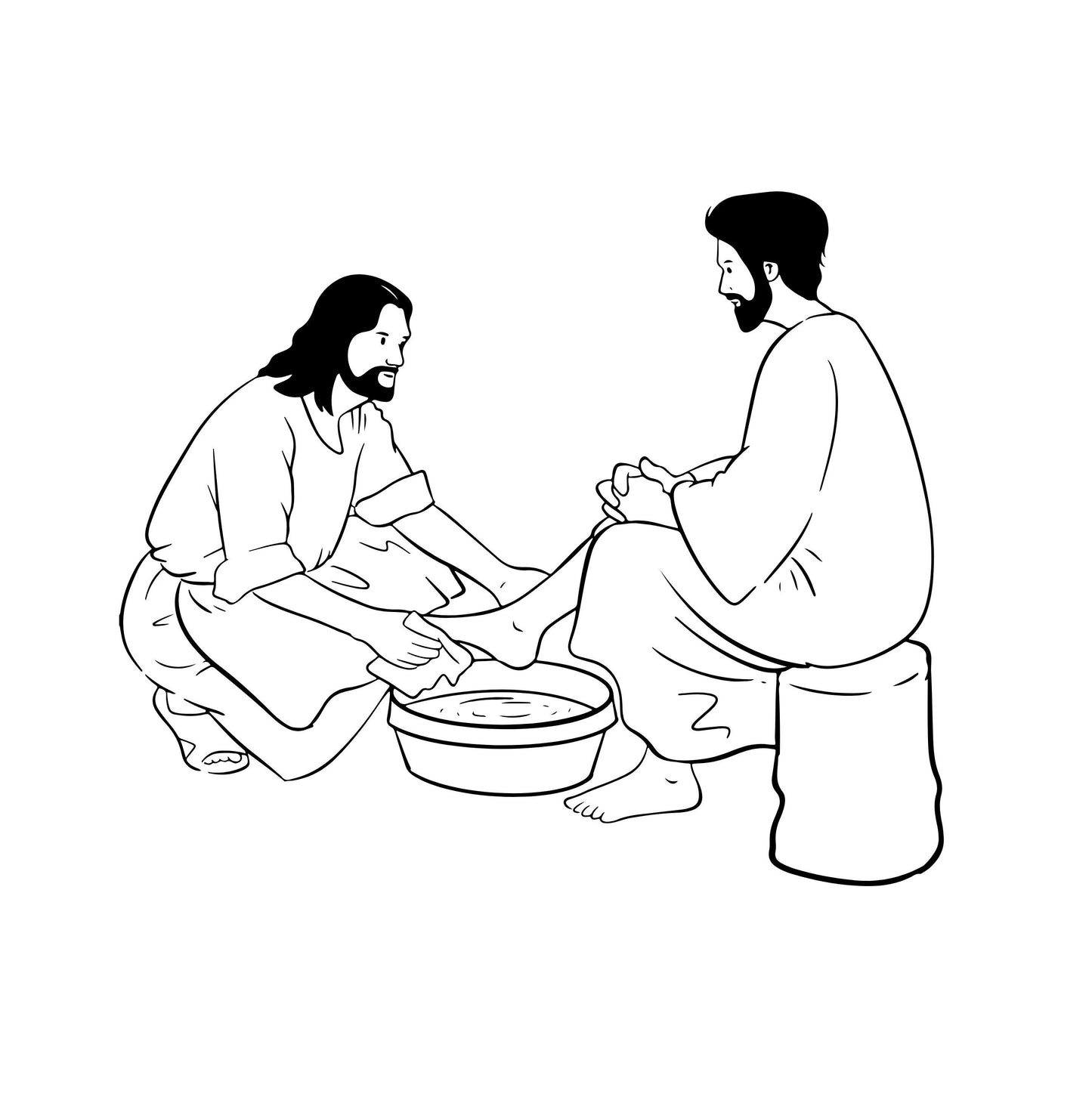 Jesus Washes Disciple's Feet | Christ Single Line Art | Black and White Instant Digital Download | PNG, JPG, SVG, eps, dxf